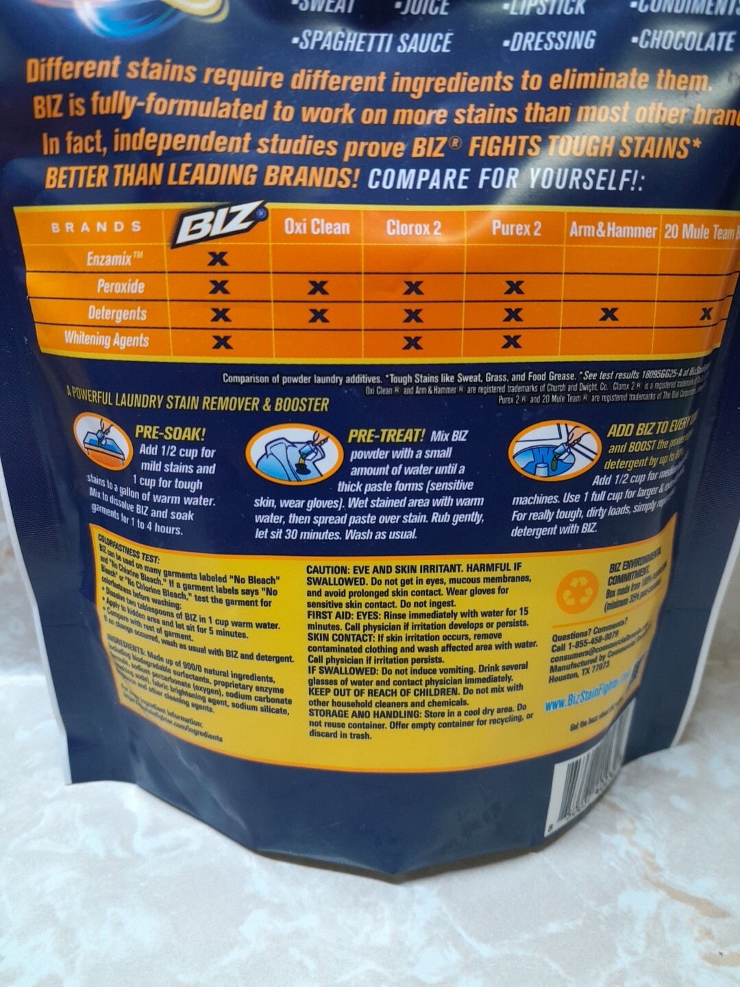 3 BIZ Stain & Odor Eliminator Laundry Detergent Pow Booster Color Safe 8 Oz Ea