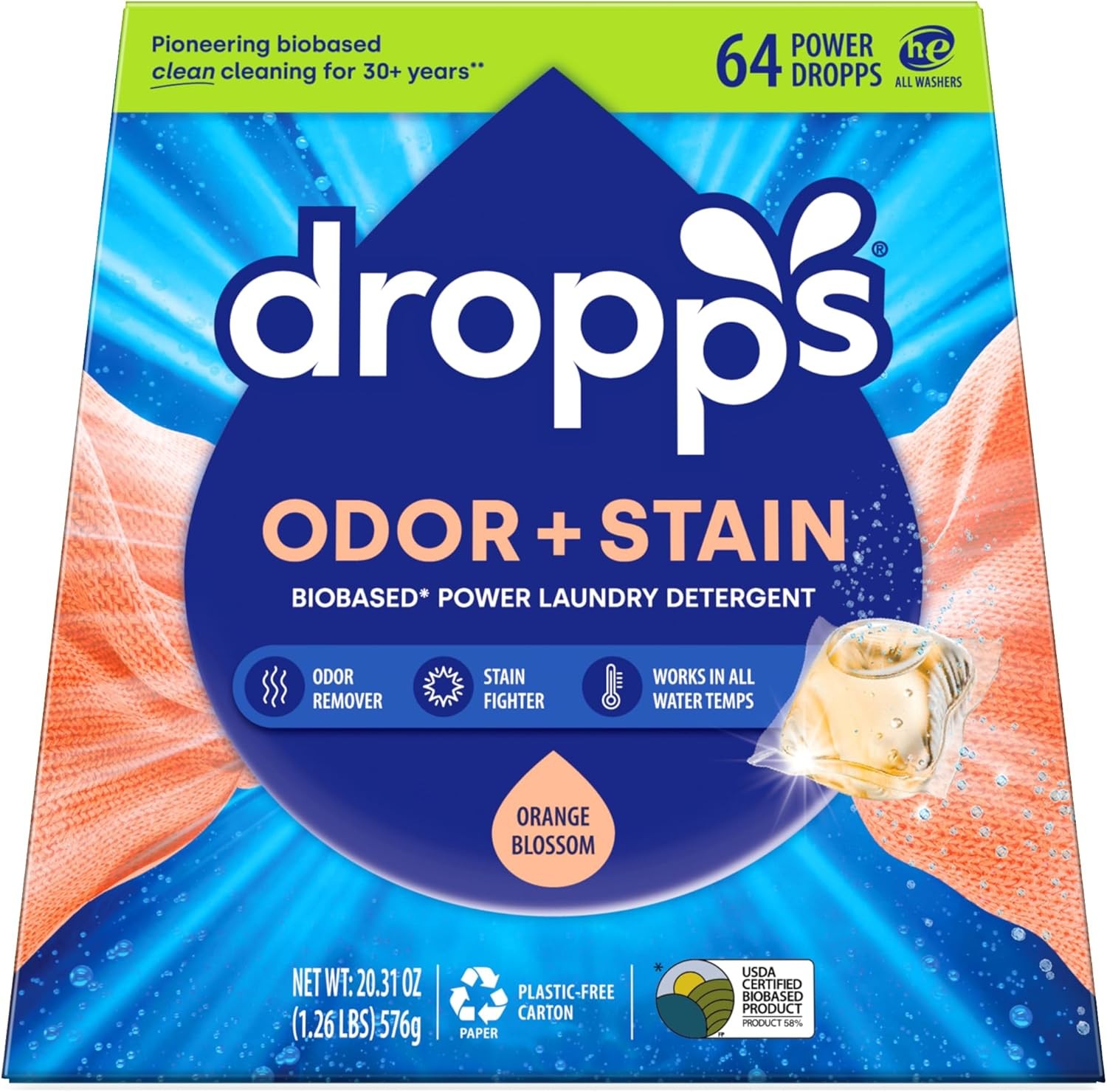 Odor & Stain Laundry Detergent Pods Orange Blossom 64 Count Powerful Laundry
