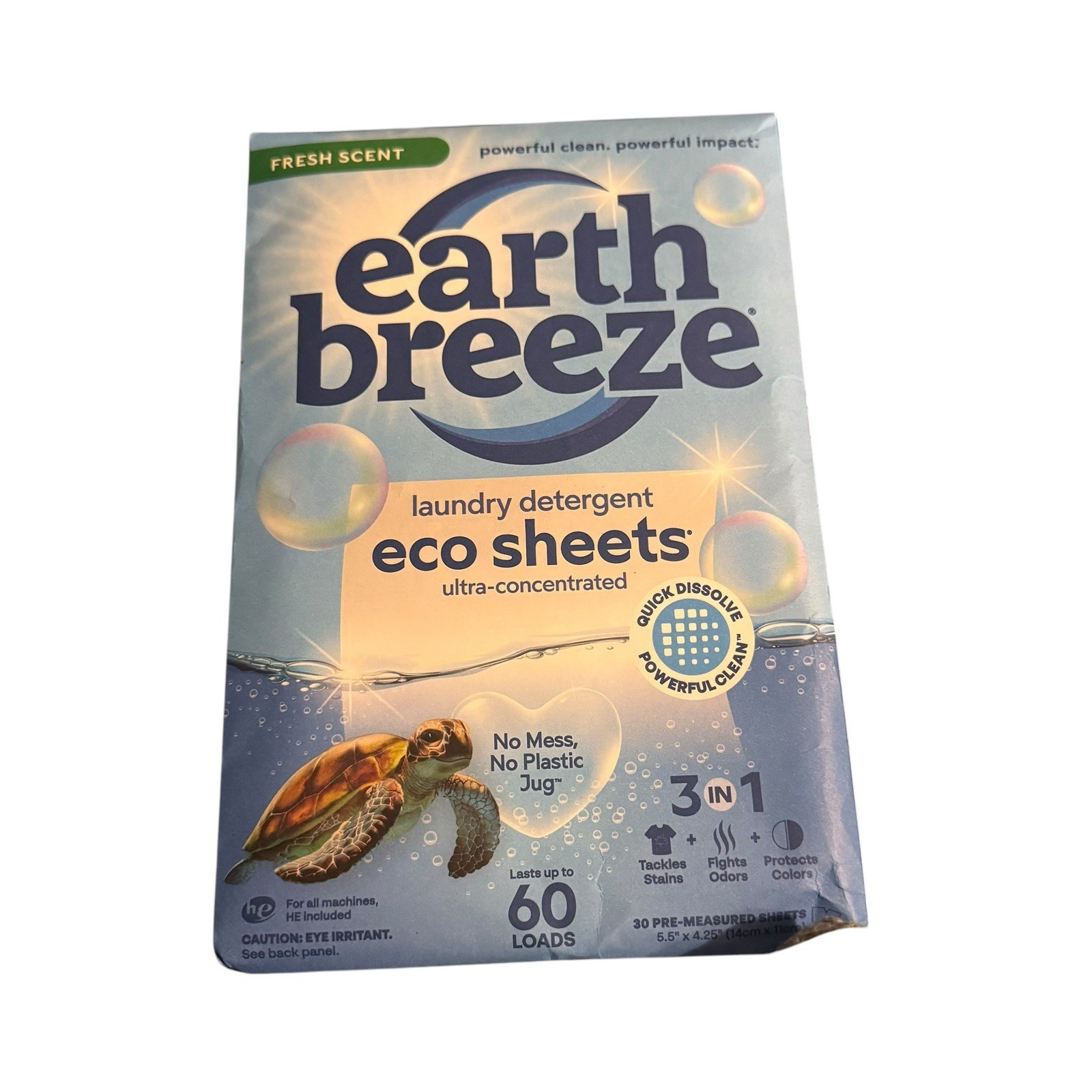 Earth Breeze Laundry Detergent 30 Pre-Measured ECO Sheets Fresh Scent No Mess