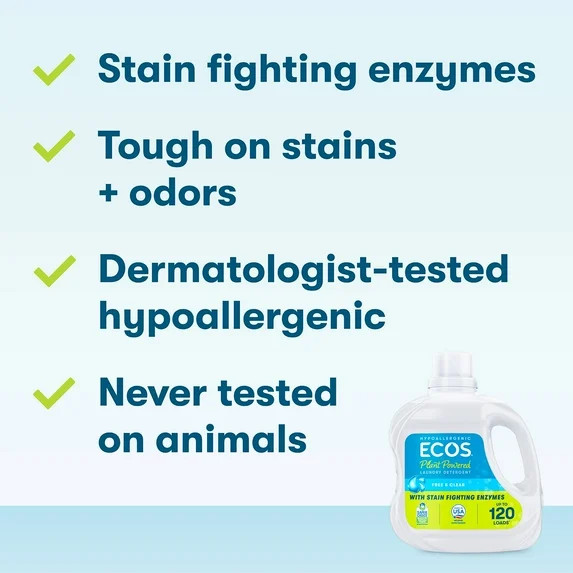 ECOS Plus Free & Clear Laundry Detergent, 120 Loads, 110 oz, Stain-Fighting