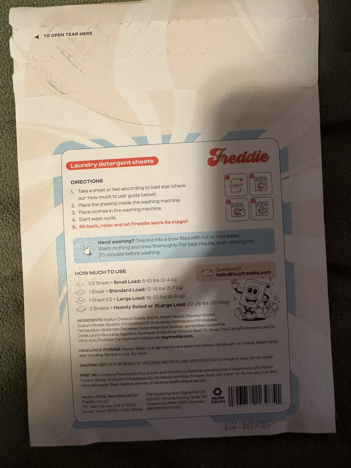 1 Pack Freddie LAUNDRY DETERGENT SHEETS TOTAL 60 SHEETS fragrance free
