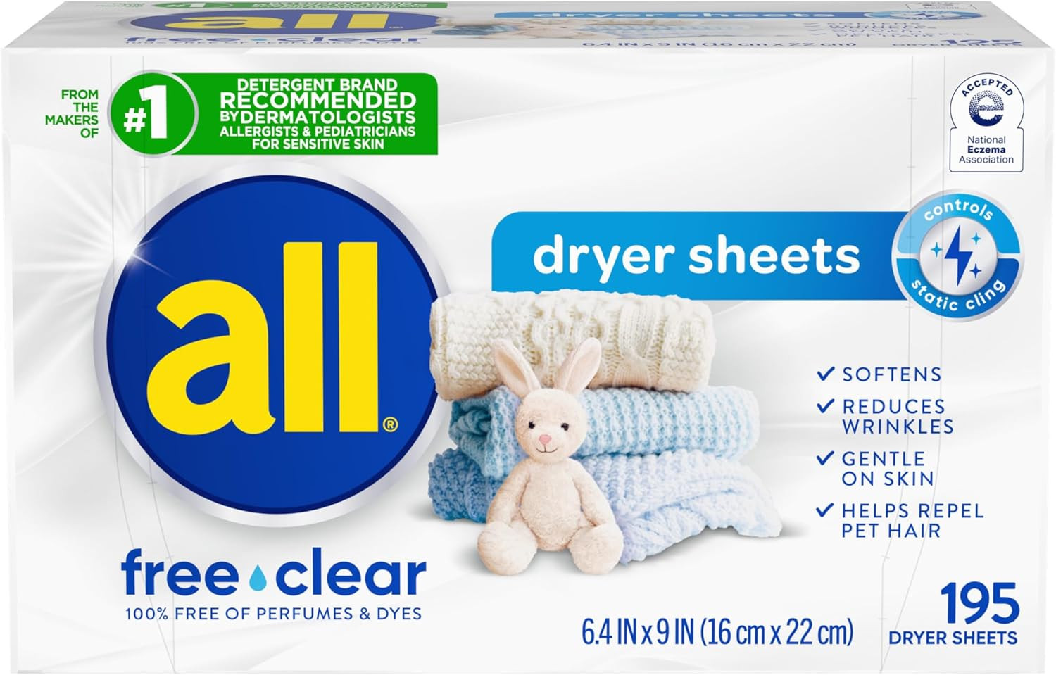 Free Clear Dryer Sheets Unscented Sensitive Skin Anti Static 195 Count