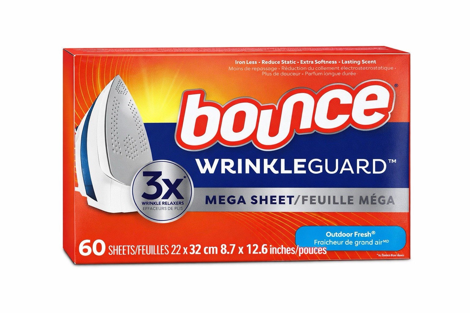 Bounce WrinkleGuard Mega Dryer Sheet Outdoor Fresh Scent 3X Bigger 60 Sheets HTF