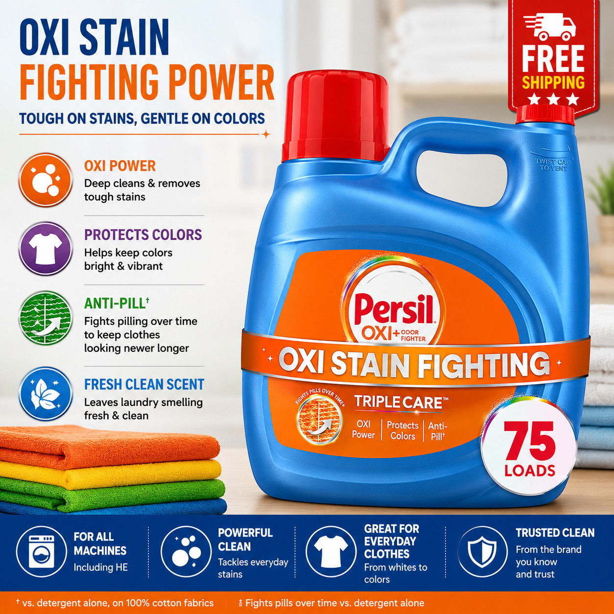 Persil Advanced Clean Oxi+Odor Power Liquid Laundry Detergent,126fl oz, 75 Loads