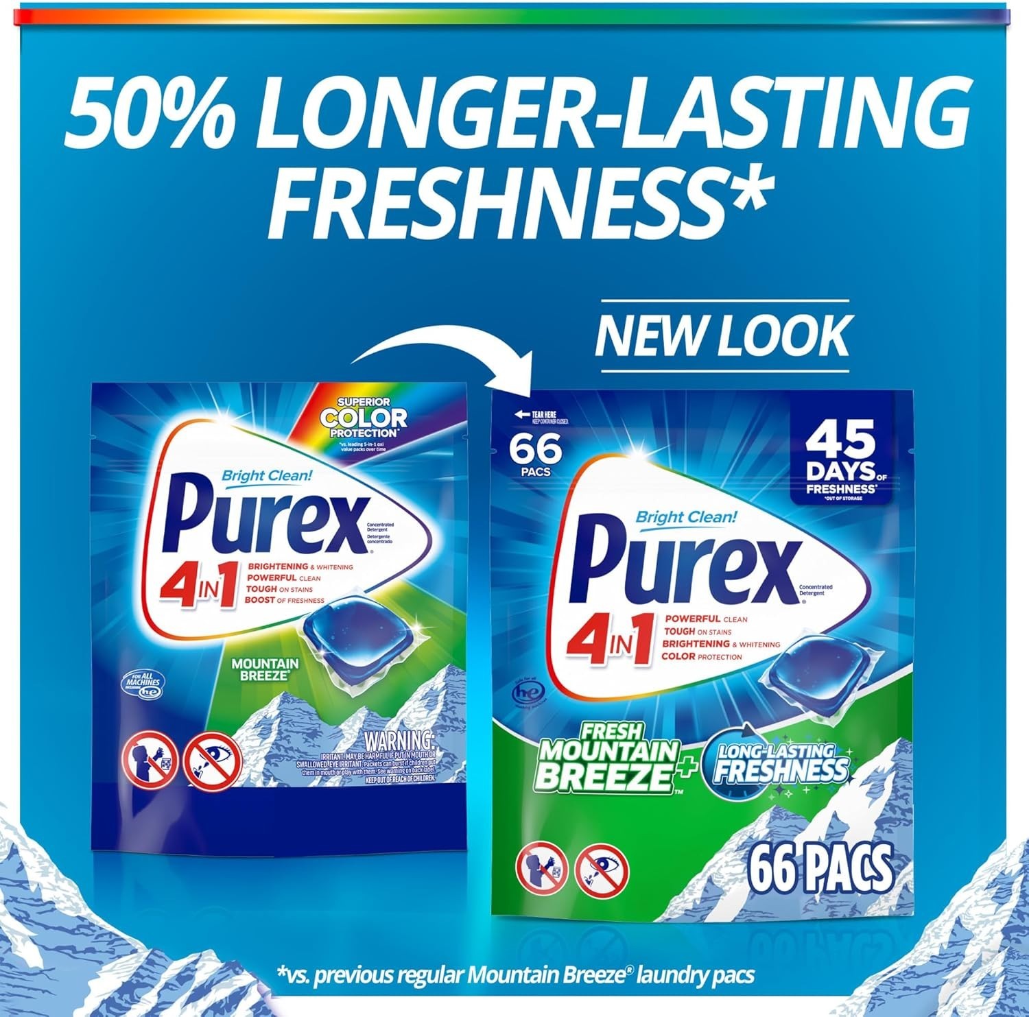 Purex Fresh Mountain Breeze Laundry Detergent Pacs, 66 Count, Pre Measured Pacs
