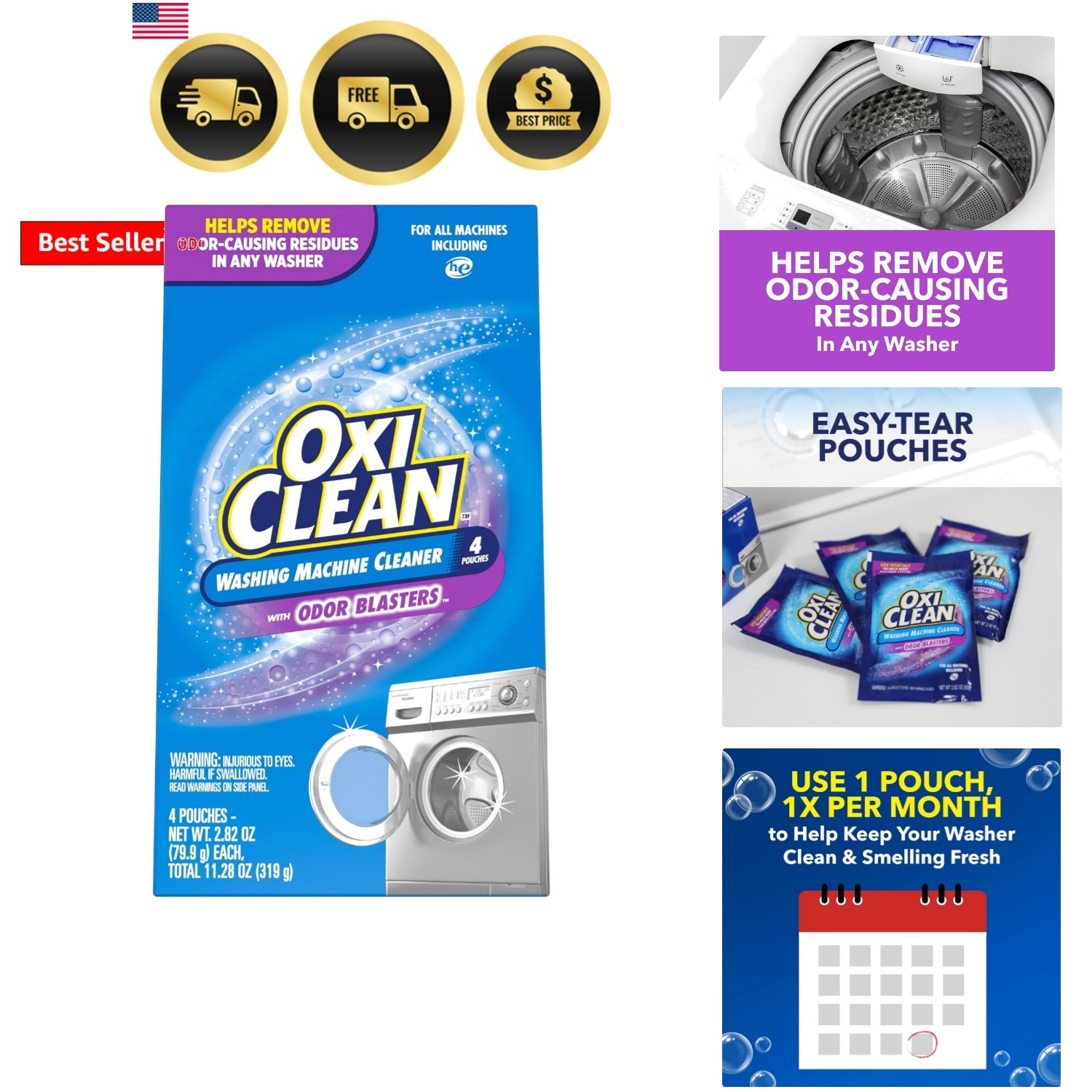 Washing Machine Cleaner with Odor Blasters, 4 Count