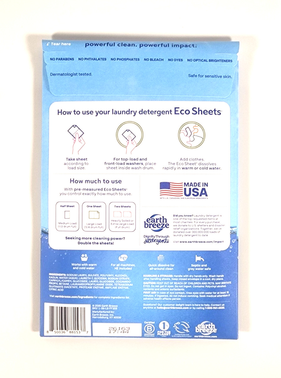 Earth Breeze Laundry Detergent Eco Sheets – Fragrance Free – 30ct Up To 60 Loads