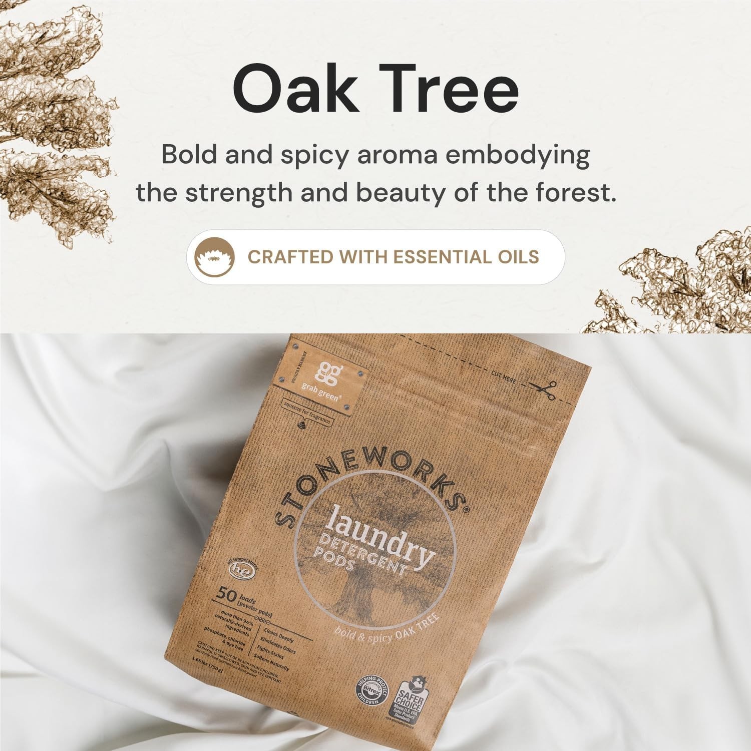 Stoneworks Laundry Detergent Pods Natural, Oak Tree, 50 Loads, 1.65 lbs (750 g)