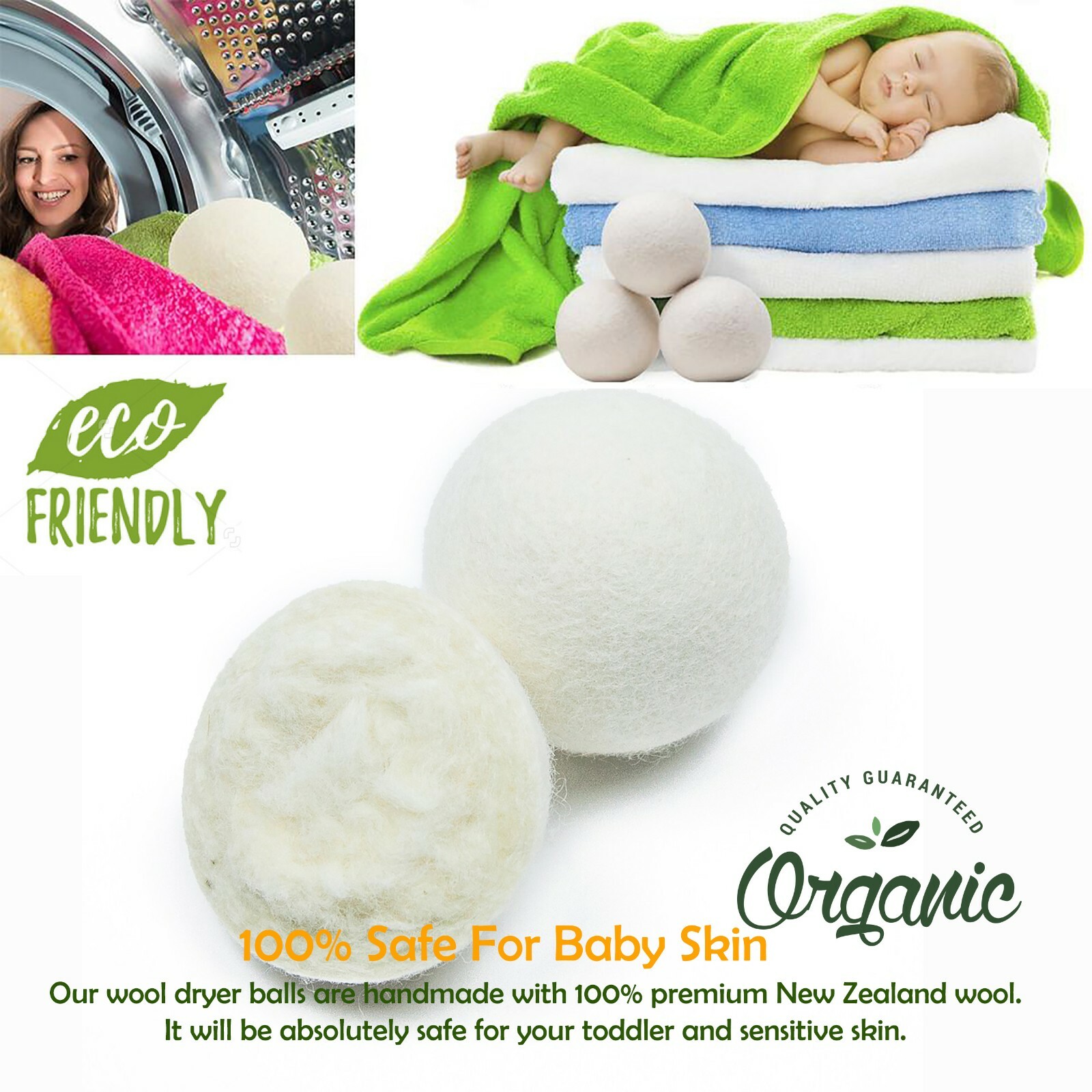 XL 6 Pack EcoJeannie Wool Dryer Balls – 100% Virgin New Zealand Wool, Min 3″ 58g
