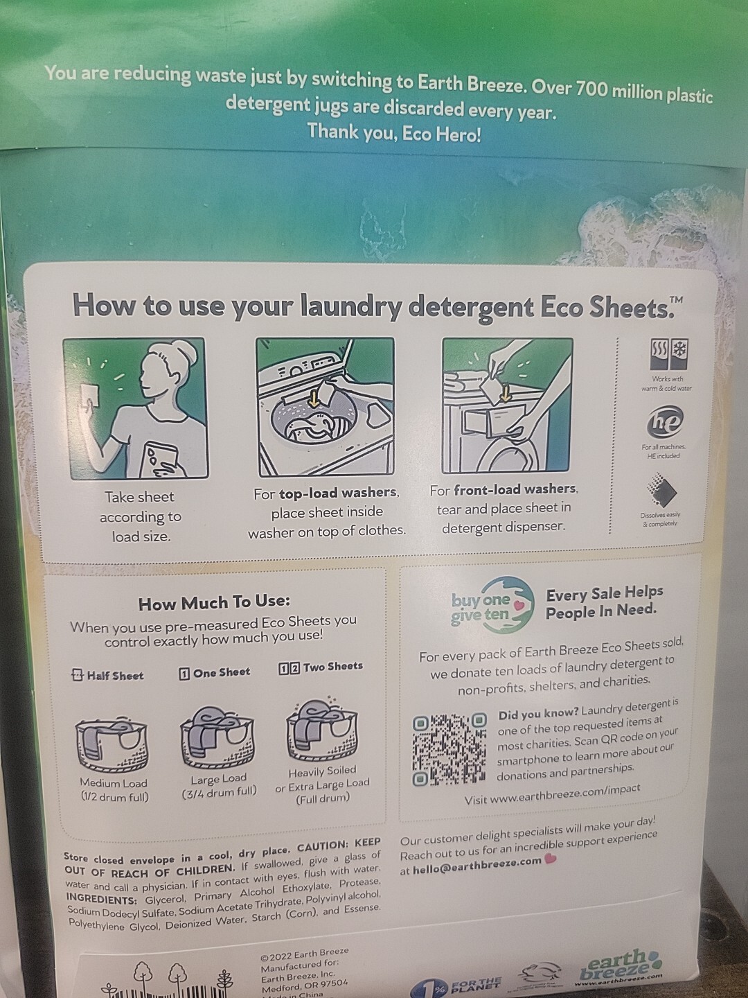 Earth Breeze Laundry Detergent Sheets FRESH SCENT LOT OF 3 60 Loads Per Pack T15