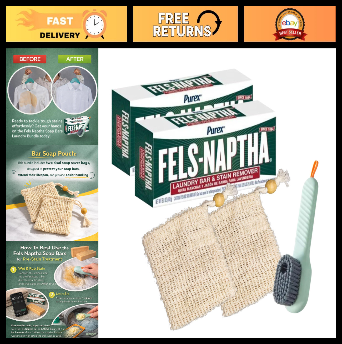 Multifunctional Stain Remover Laundry Bundle with Cleaning Brush & 2 Fels Naphta