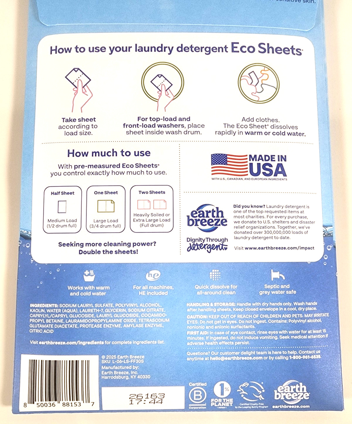 Earth Breeze Laundry Detergent Eco Sheets – Fragrance Free – 30ct Up To 60 Loads