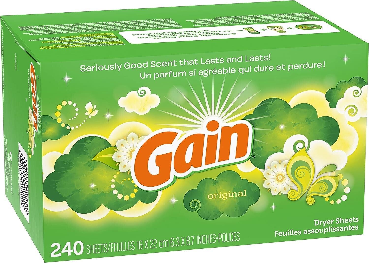 Gain Dryer Sheets Laundry Fabric Softener, Original Scent, 240 Count (Pack of 2)