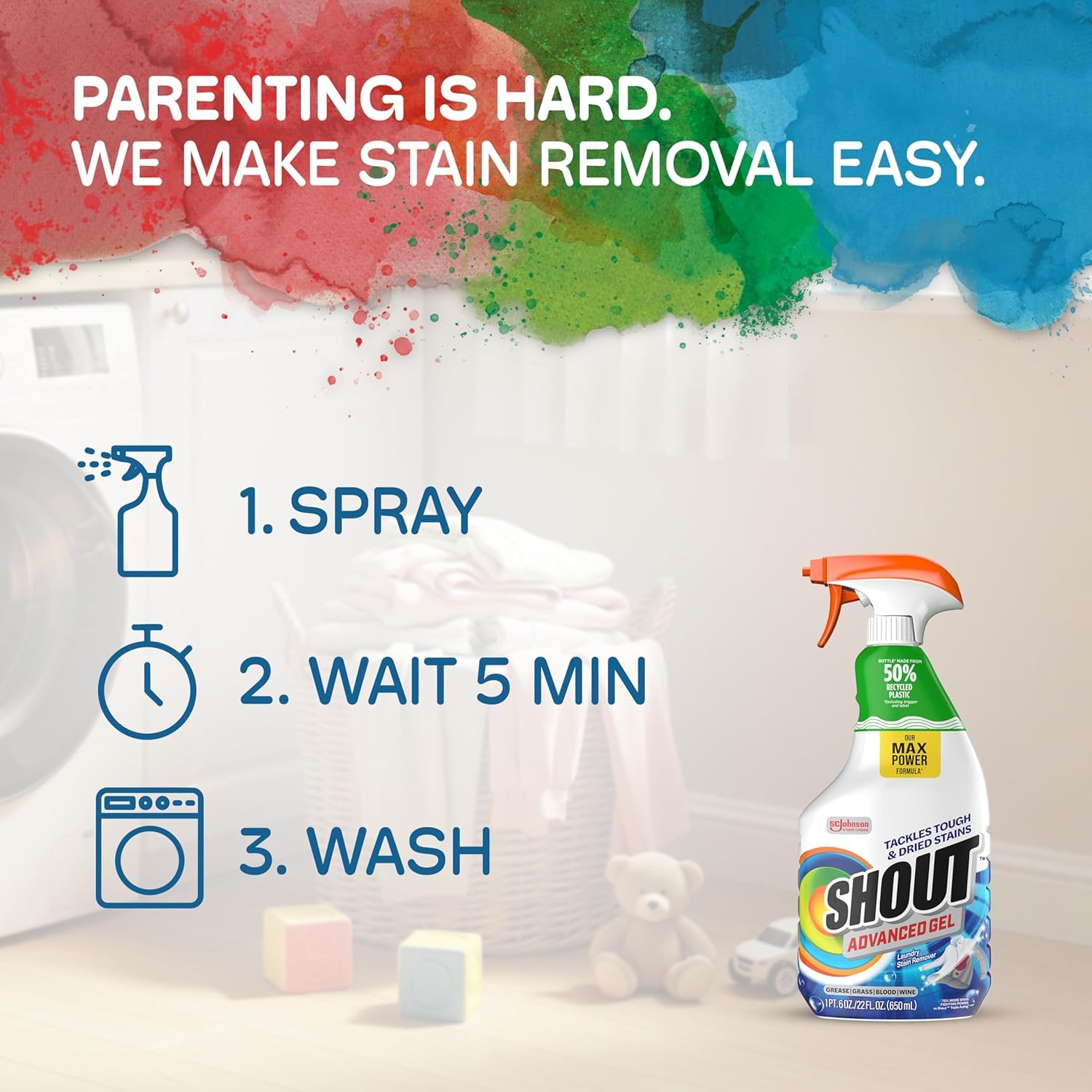Shout Advanced Spray & Wash Stain Remover Gel, 22Oz, Pack of 3, Best Formula