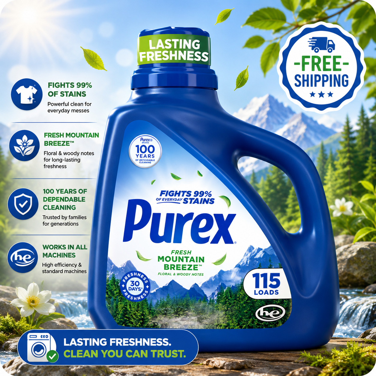 Purex Fresh Mountain Breeze Liquid Detergent, 150 fl oz, 115 loads-Free Shipping