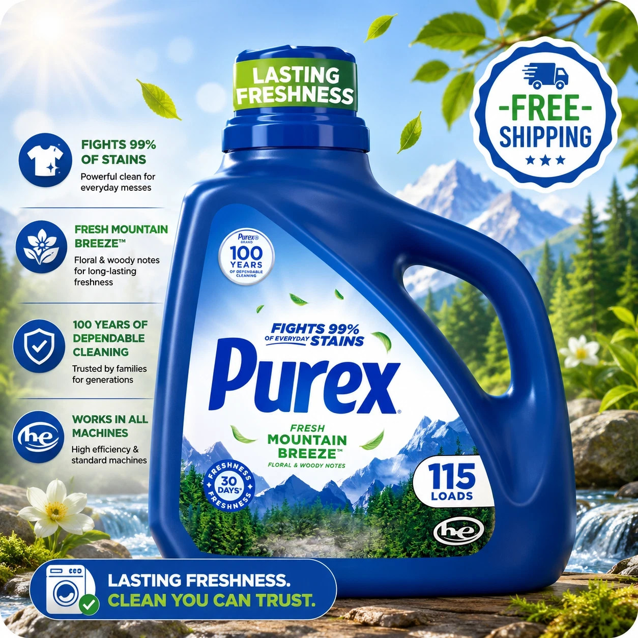 Purex Fresh Mountain Breeze Liquid Detergent, 150 fl oz, 115 loads-Free Shipping
