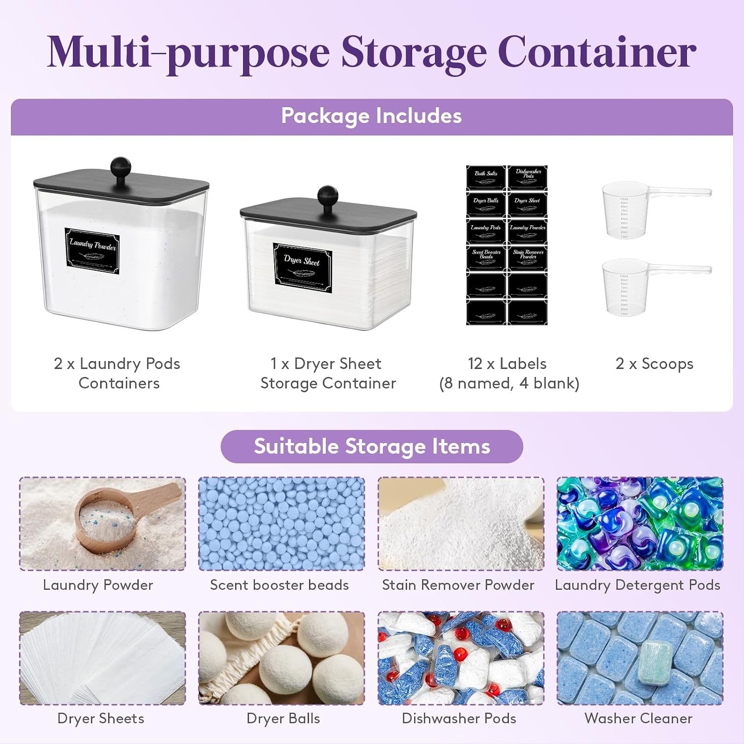 3 Pcs Laundry Pods Container with Bamboo Lid, Dryer Sheet Holder, Laundry Roo…