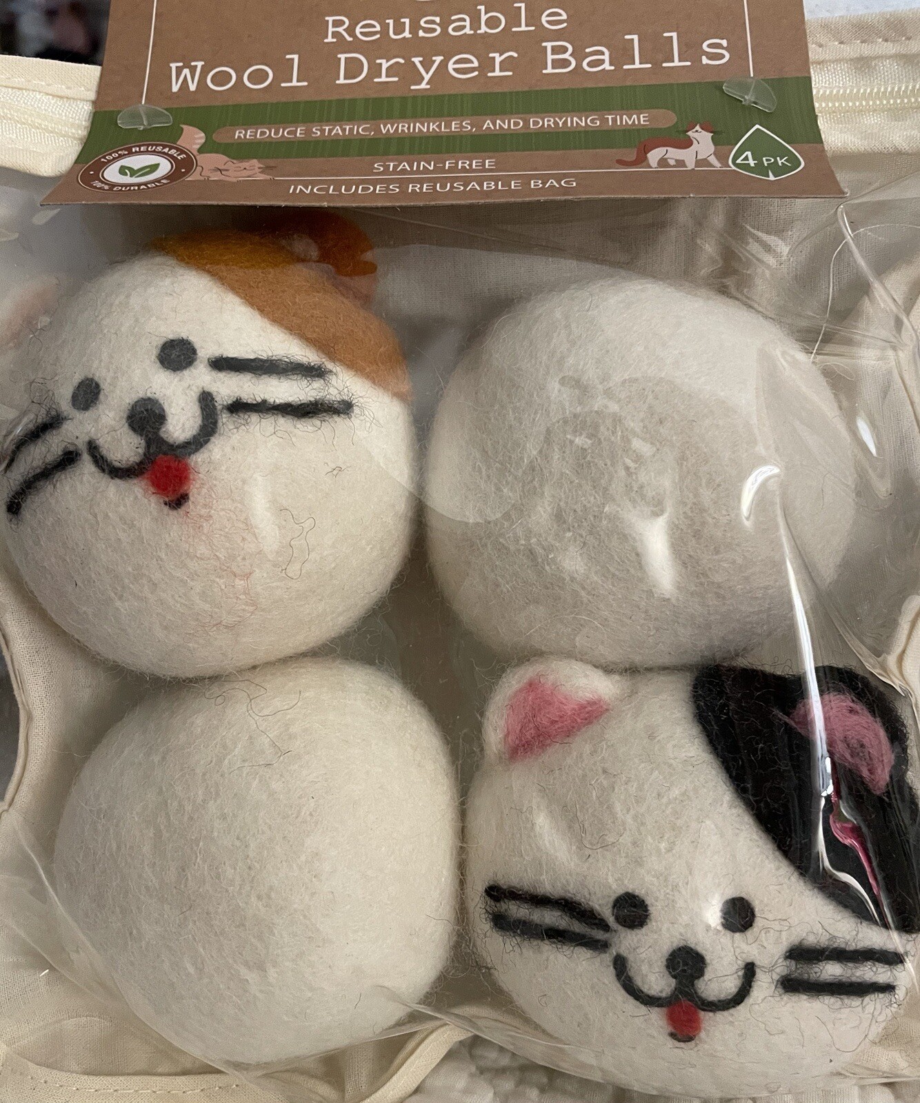 ECO LOGICAL Reusable Wool Dryer Balls Cats – 4 Pack Helps Reduce Plastic Waste