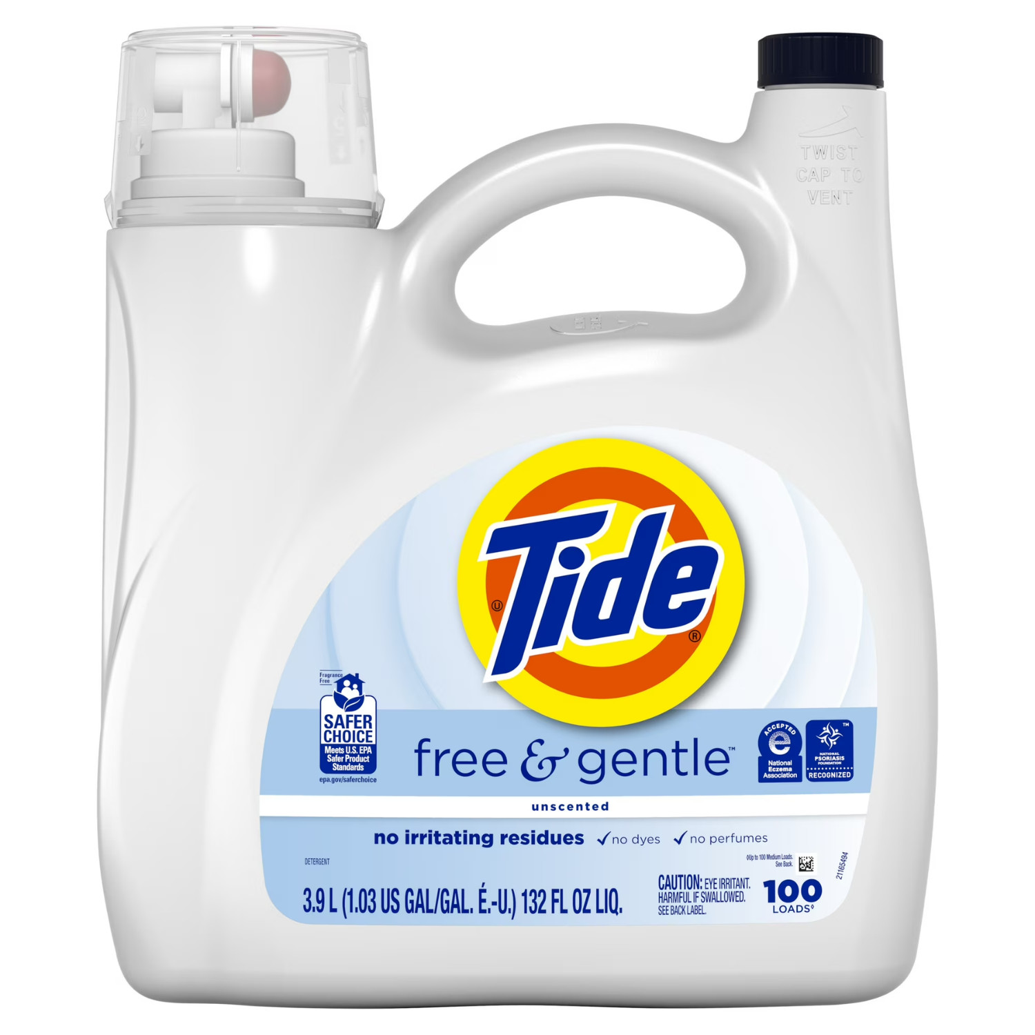 Tide Free & Gentle Liquid Laundry Detergent 132 Fl Oz 100 Loads HE