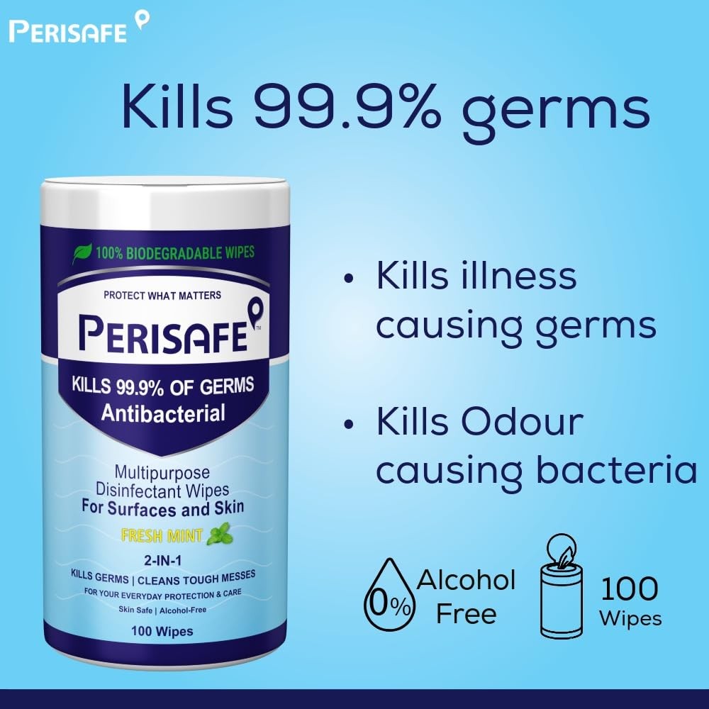 PERISAFE 100 Biodegradable Disinfectant Wipes – Antibacterial, Fresh Mint