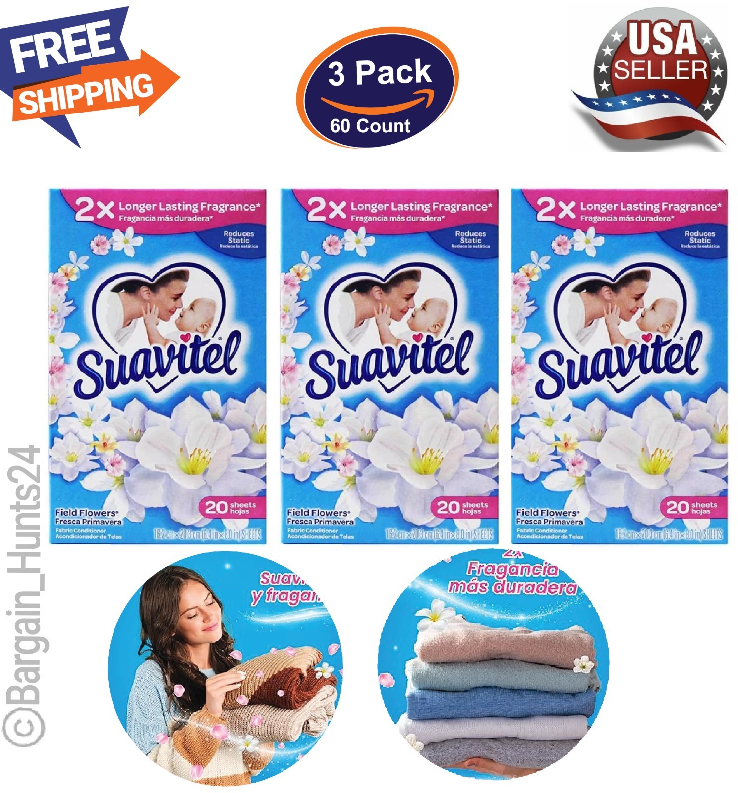 60 Count Suavitel Dryer Sheets Field Flowers Reduces Static (Pack of 3) – New