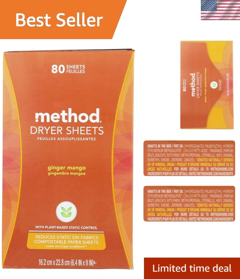 Dryer Sheets, Ginger Mango, 80 Sheets, 1 pack, Packaging May Vary