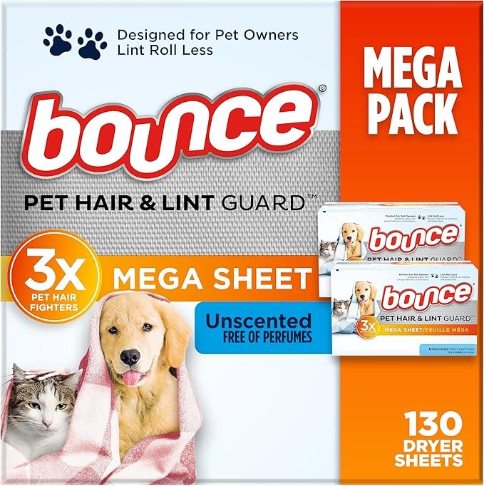 Bounce Pet Hair and Lint Guard Mega Dryer Sheets with 3X Pet Hair Fighters, Unsc