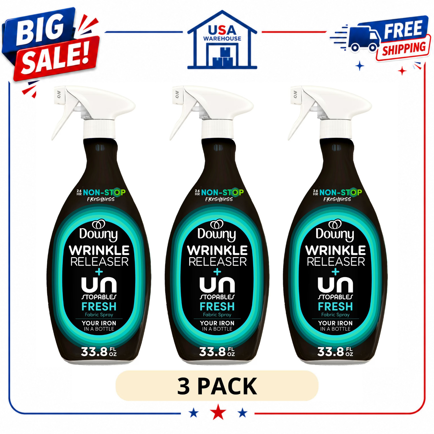 3PK Downy Wrinkle Releaser & Refresher Fabric Spray Unstopables Fresh 33.8 fl oz