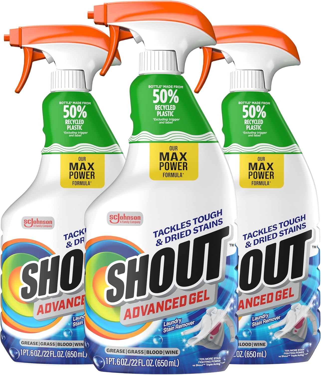 Shout Advanced Spray & Wash Stain Remover Gel, 22Oz, Pack of 3, Best Formula