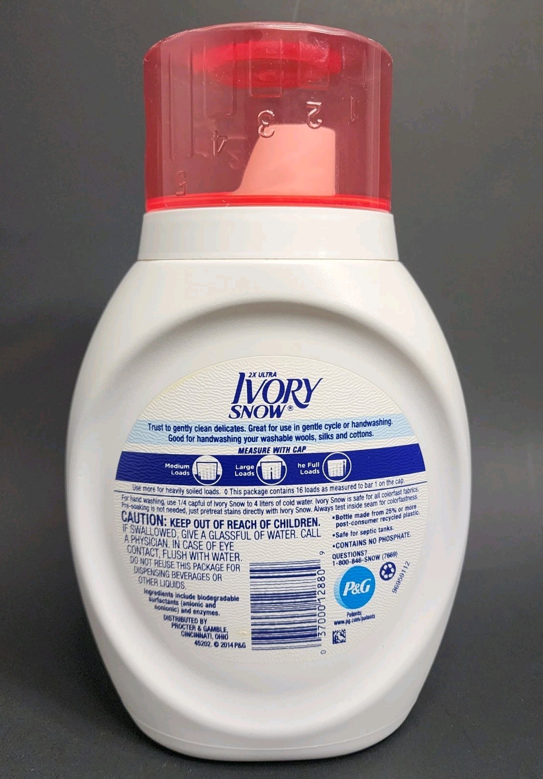(1) IVORY Snow 2X Ultra Gentle Care Detergent Liquid 25 Oz/16 Lds.Clear Pink Cap