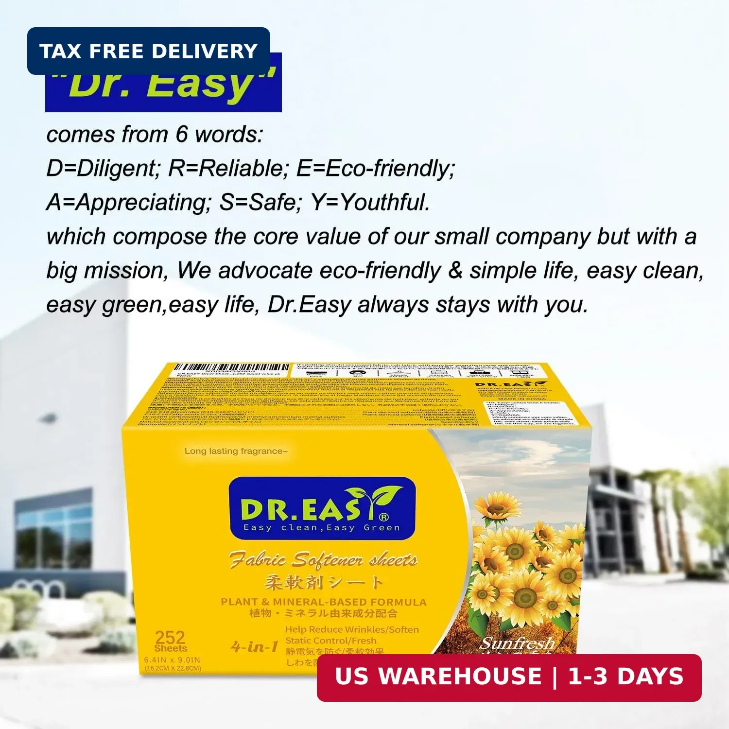 DR.EASY Dryer Sheets Plant Based Formula 252 Ct Fabric Softener sheets for Laund