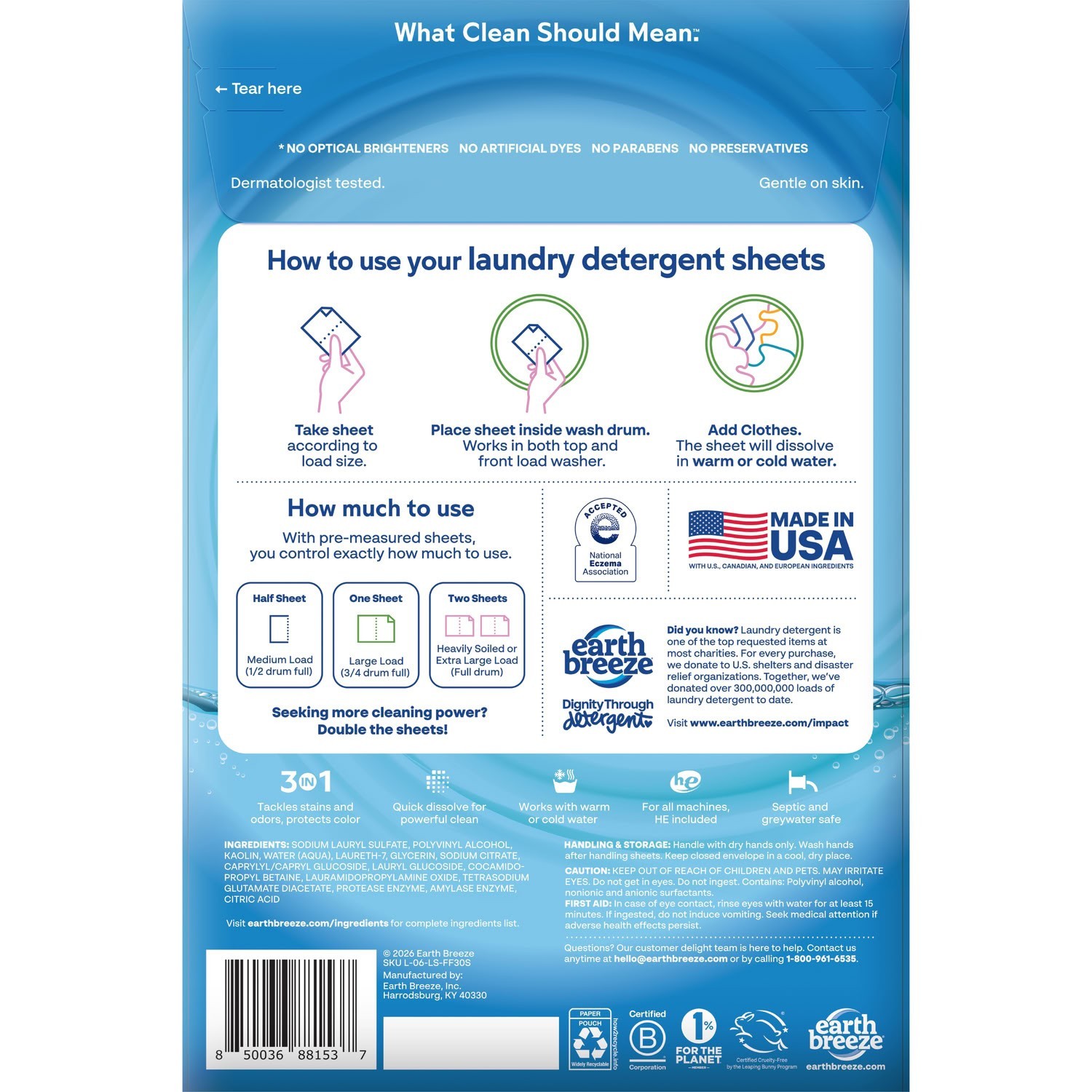 Earth Breeze Hypoallergenic Fragrance-Free Laundry Detergent Sheets 60 Loads