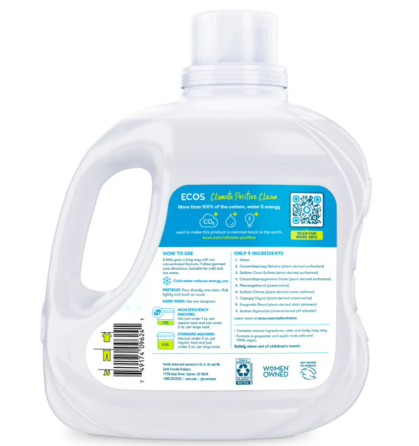 (4 pack) ECOS Hypoallergenic for Sensitive Skin, Free & Clear 110 oz 120 Loads