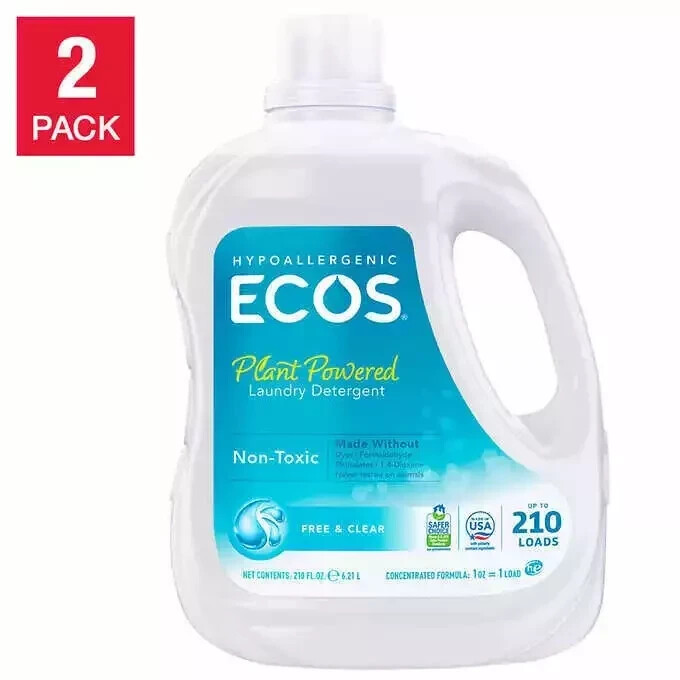 ECOS Liquid Laundry Detergent Free & Clear 210 Loads/210 fl oz x 2 Count HE Safe