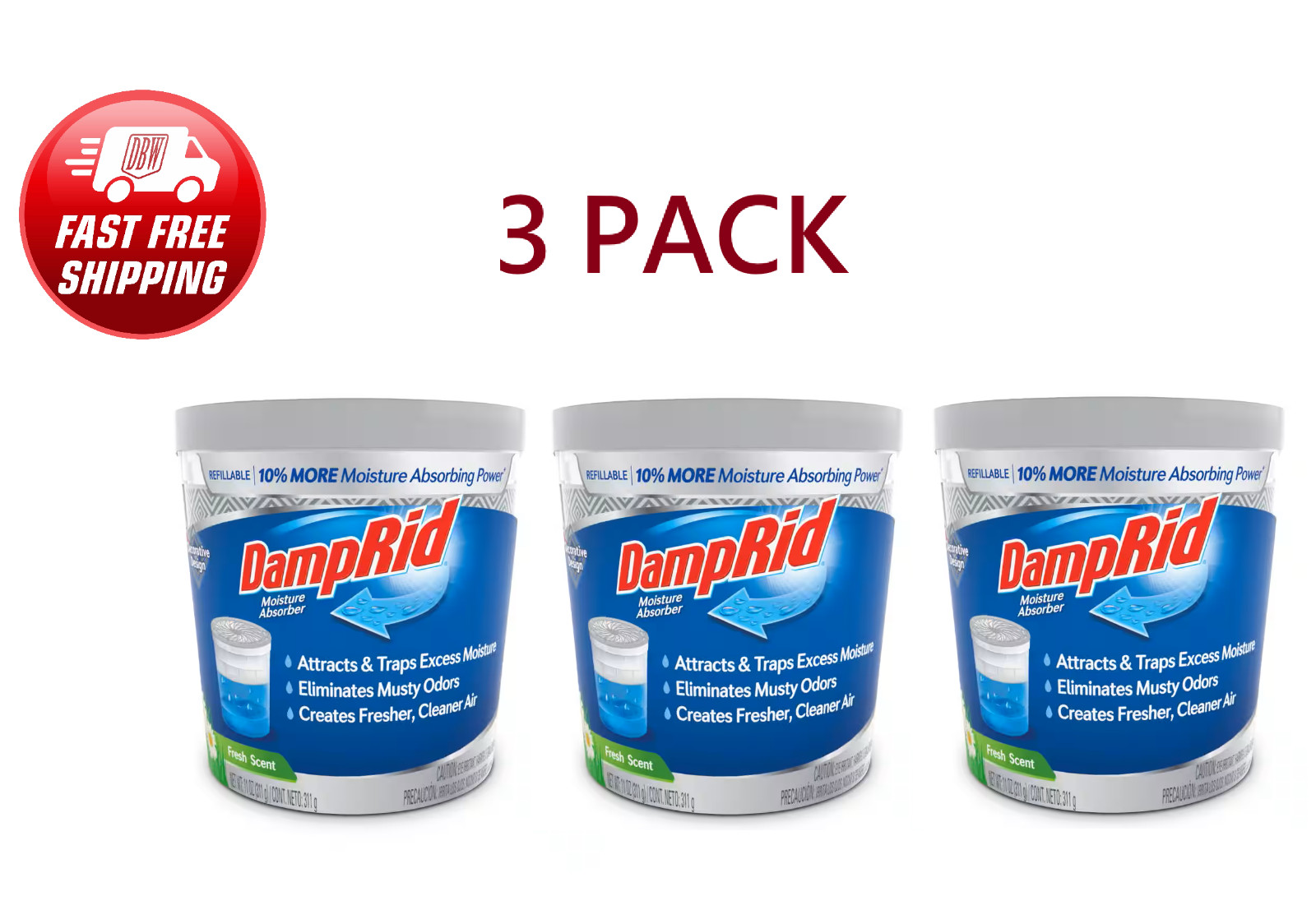 3 PACK DampRid Refillable Moisture Absorber Fresh Scent 11 Ounce