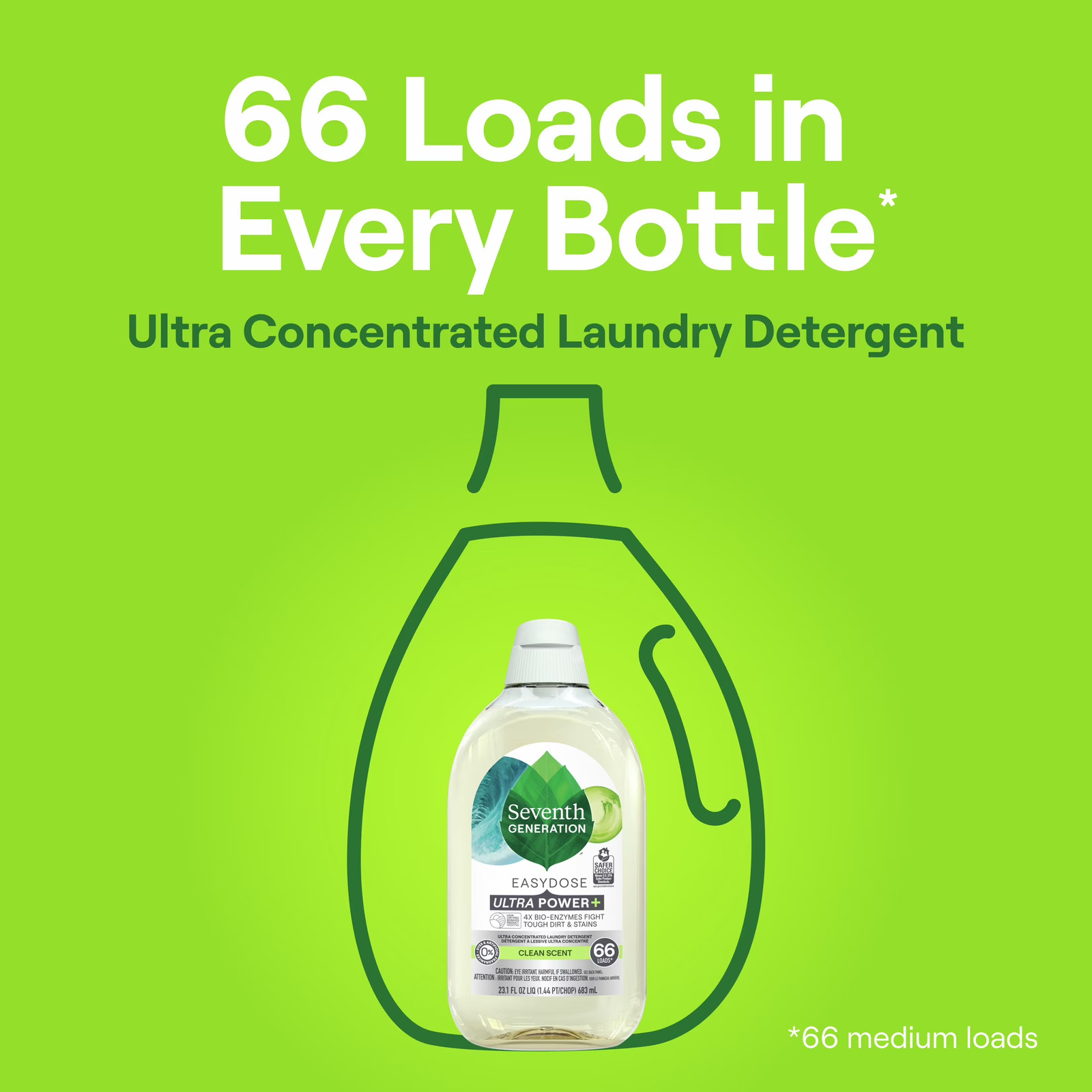 Power+ Concentrated Liquid Laundry Detergent, Fresh Clean, 23 fl oz, 66 Loads