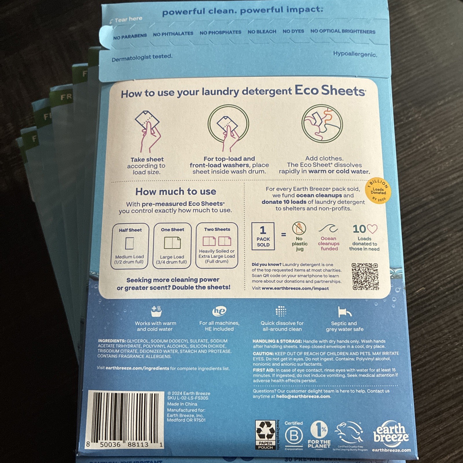Earth Breeze Laundry Detergent Sheets Fresh Scent – 60 Loads/30 sheets