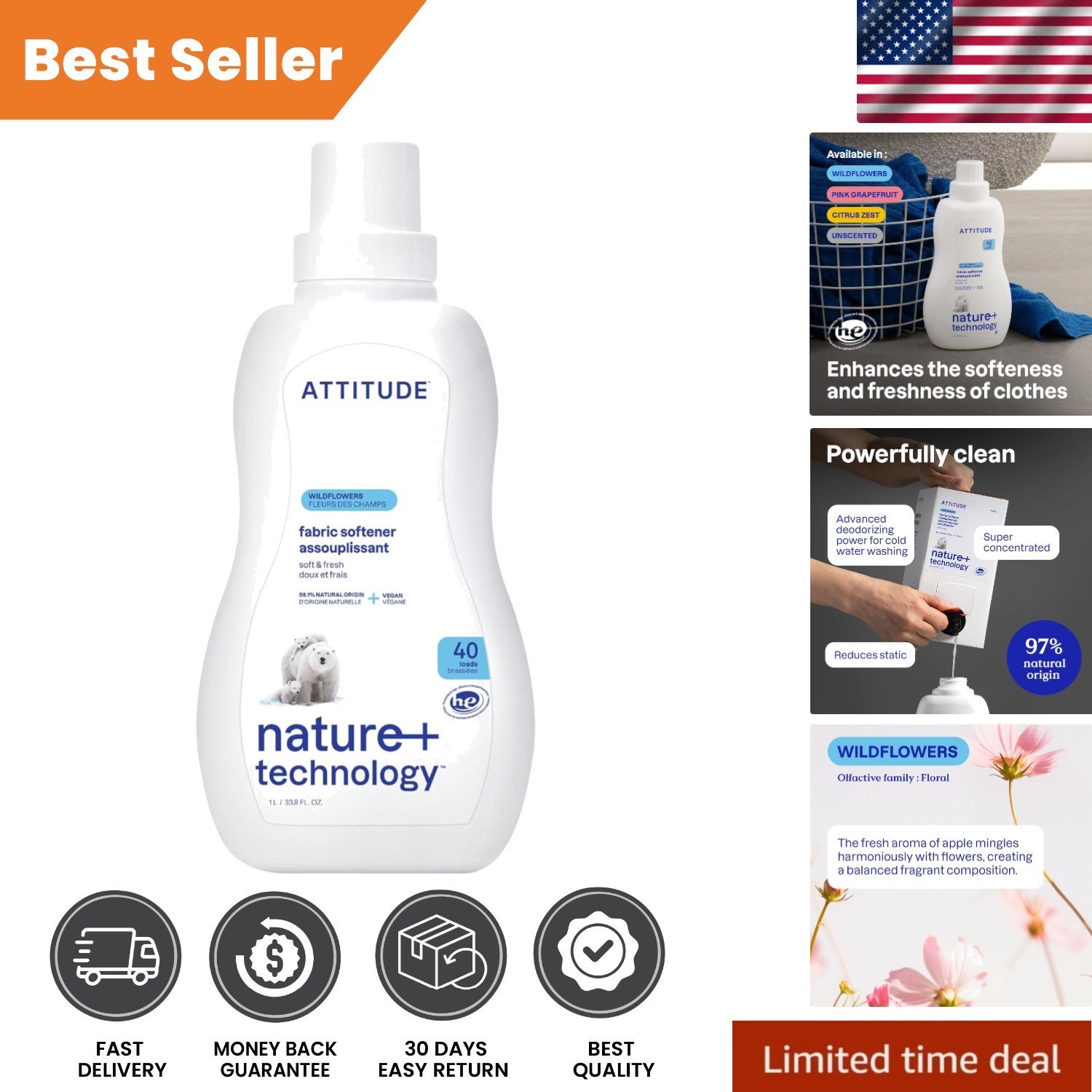 Eco-Friendly Wildflower Scented Fabric Softener, & Cruelty-Free, 40 Loads