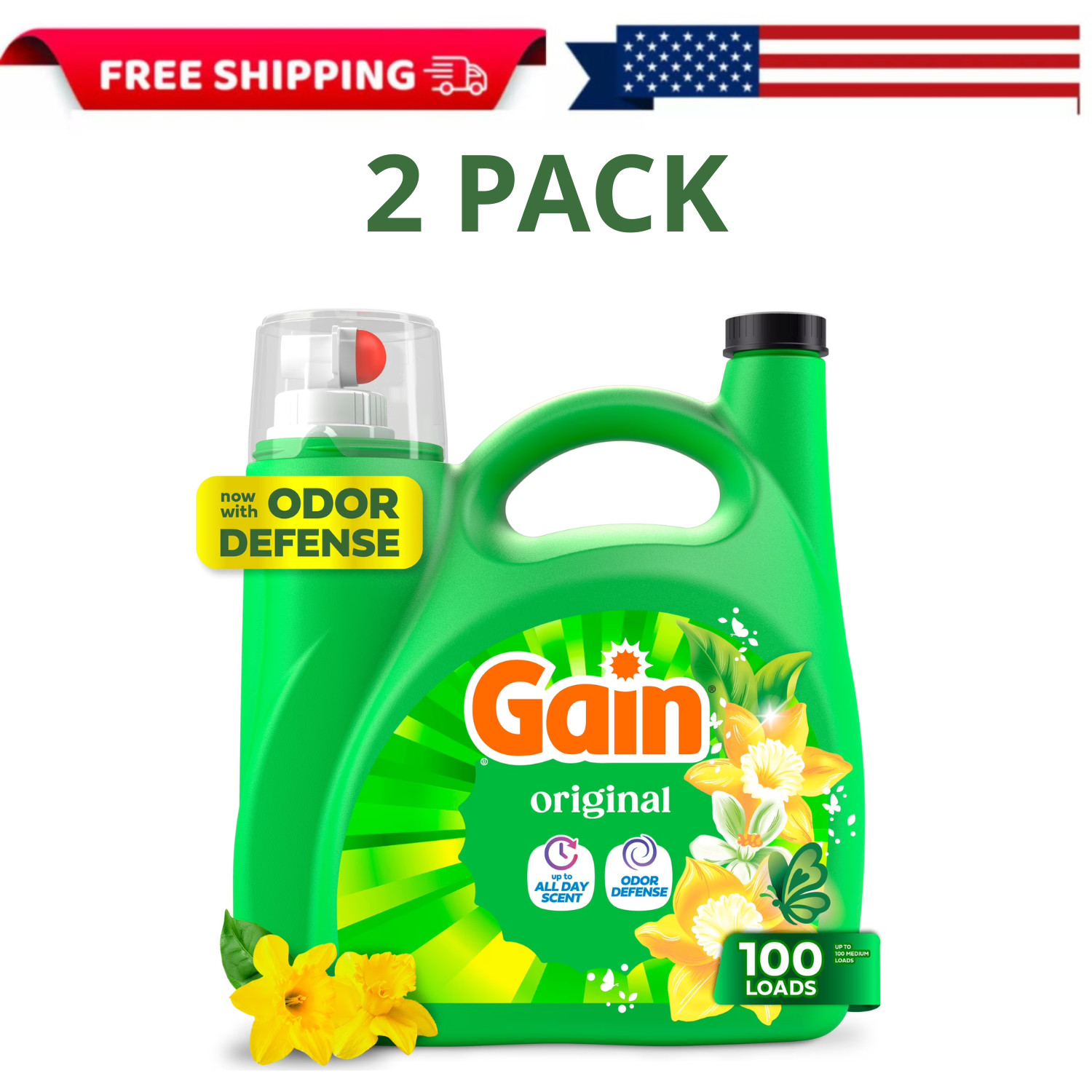 Gain Original Liquid Laundry Detergent 132 Fl Oz 100 Loads Odor Defense, 2 PACK