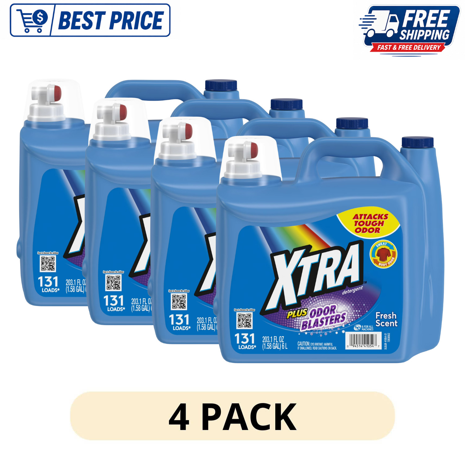 (4 Pack) XTRA Laundry Detergent Liquid Plus Odor Blasters 131 Loads, 203.1 Fl Oz