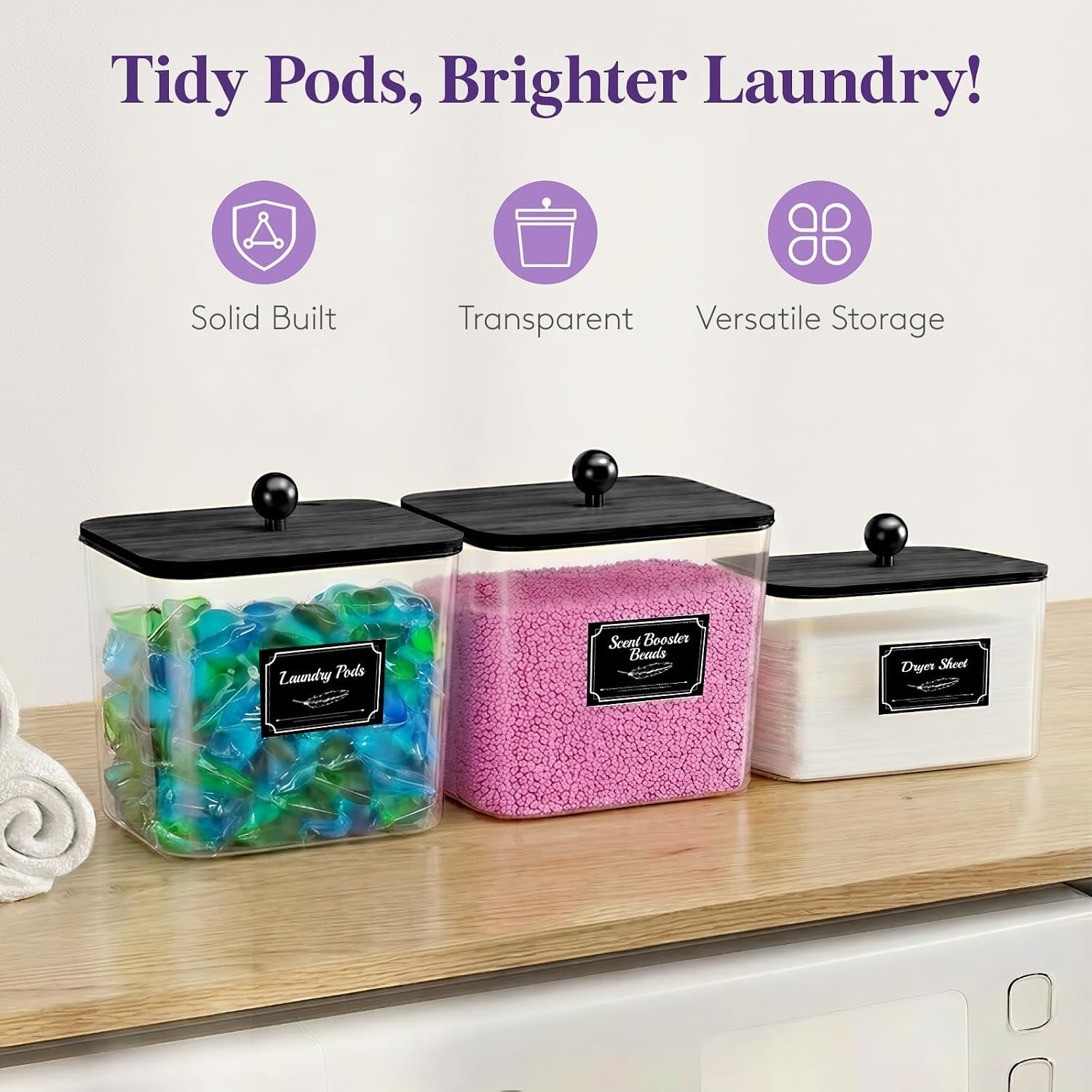 3 Pcs Laundry Pods Container with Bamboo Lid, Dryer Sheet Holder, Laundry Roo…