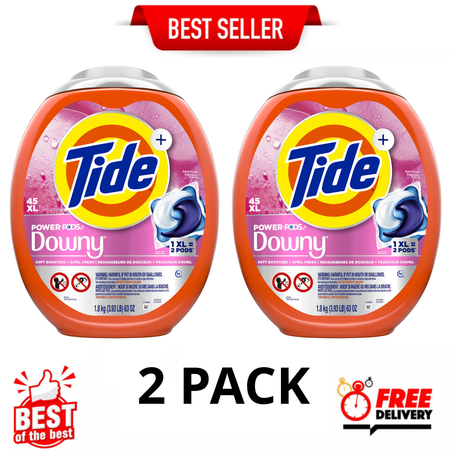 Tide Power PODS with Downy April Fresh Laundry Detergent Pacs 45 Ct, 2 Pack