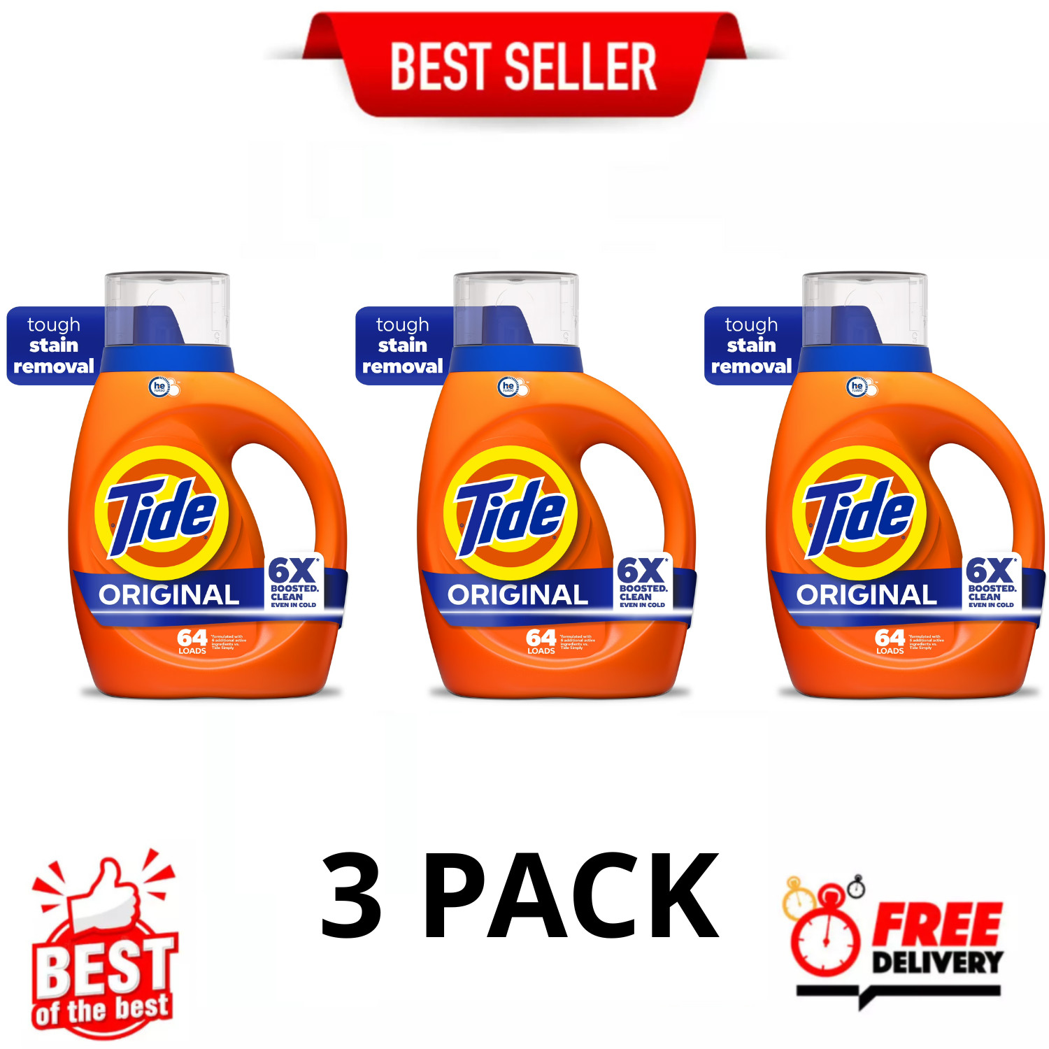 Tide Original Liquid Laundry Detergent 80 fl oz 64 Loads HE Compatible, 3 Pack