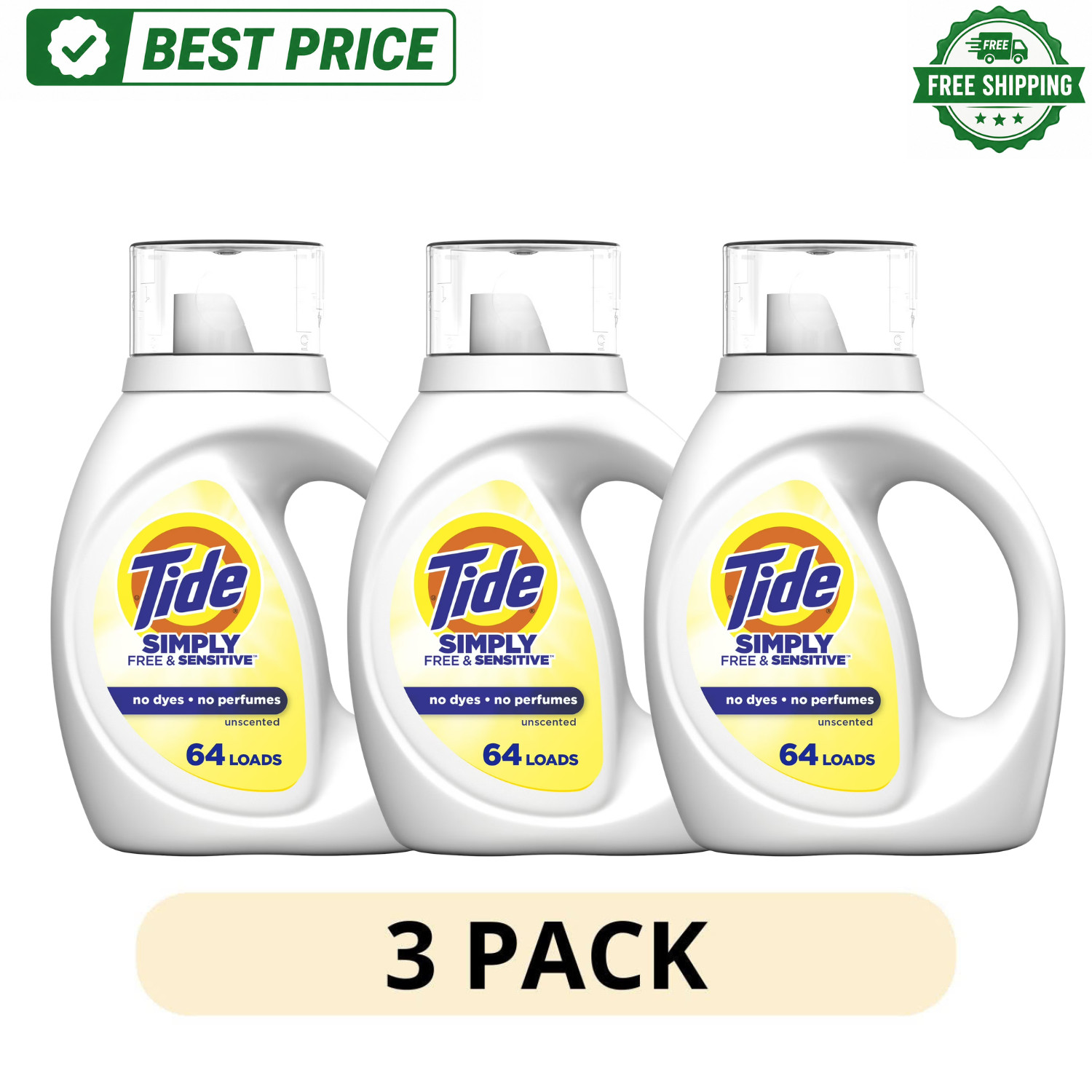 ( 3 Pack) Tide Simply Laundry Detergent Free & Sensitive 84 fl oz, 64 Loads