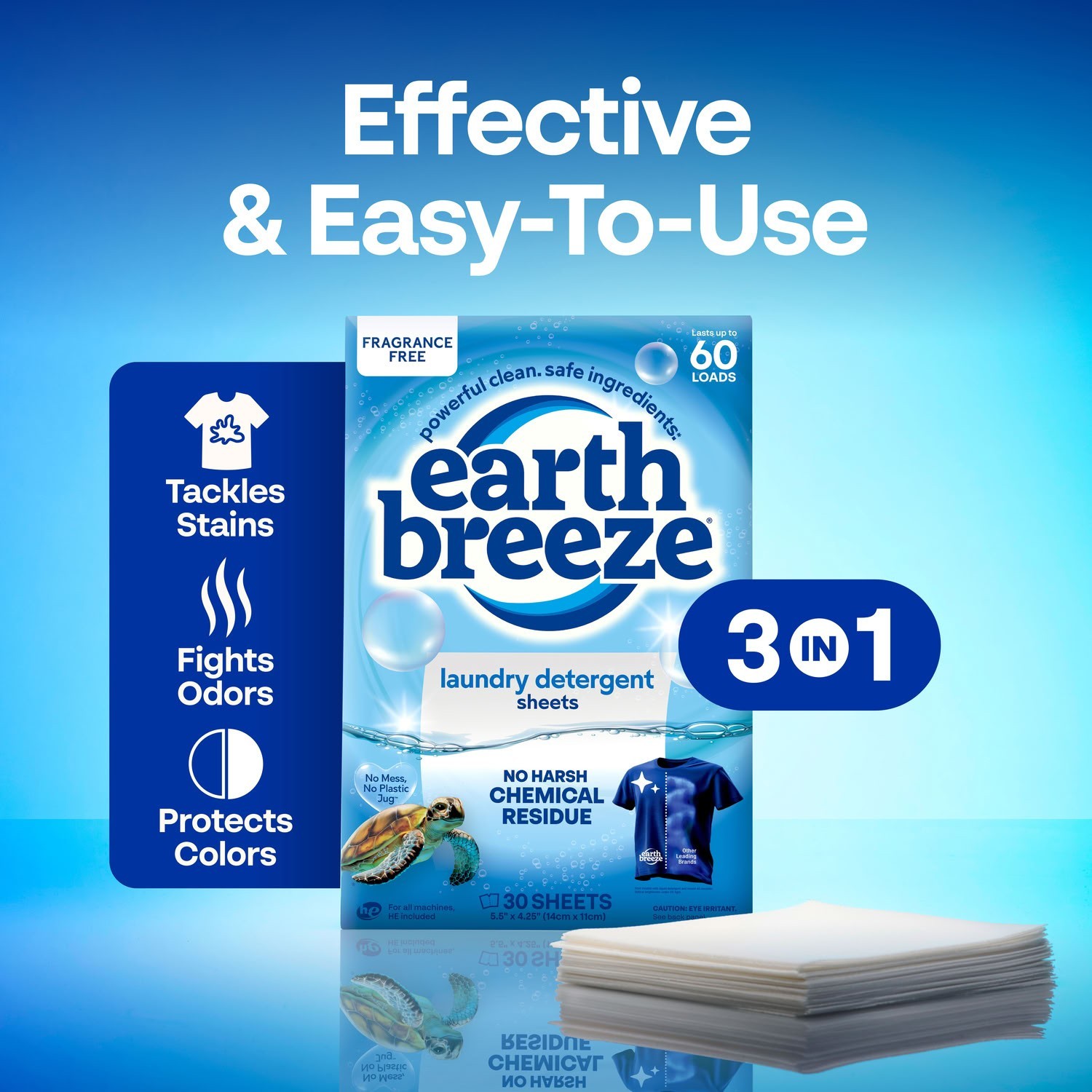 Earth Breeze Hypoallergenic Fragrance-Free Laundry Detergent Sheets 60 Loads