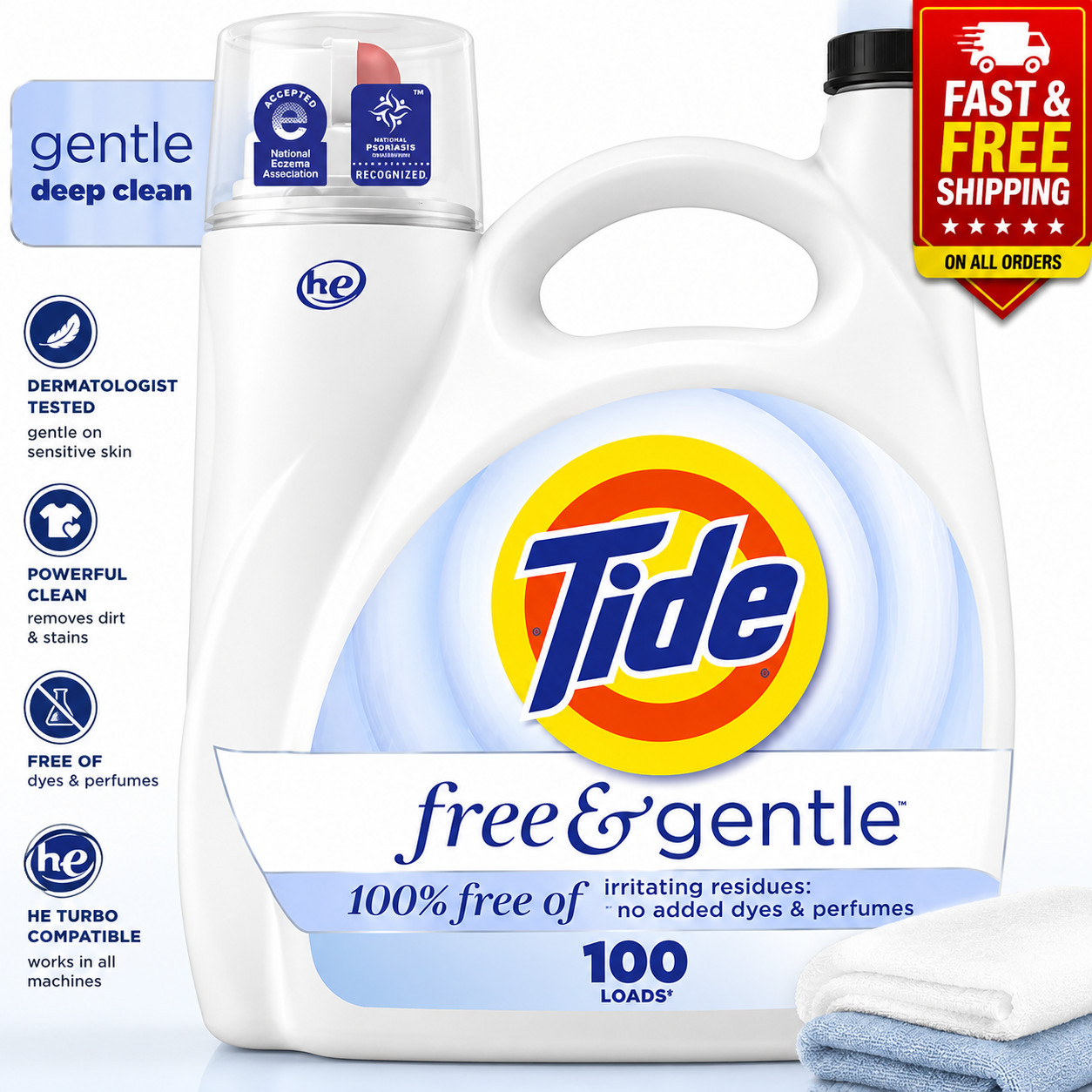 Tide Free Gentle Laundry Detergent Sensitive Skin 132 fl oz 100 Loads Unscented