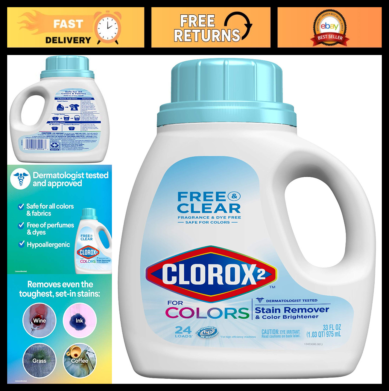 Clorox 2 Color Safe Bleach, 33 oz – Stain Remover & Brightener for Laundry