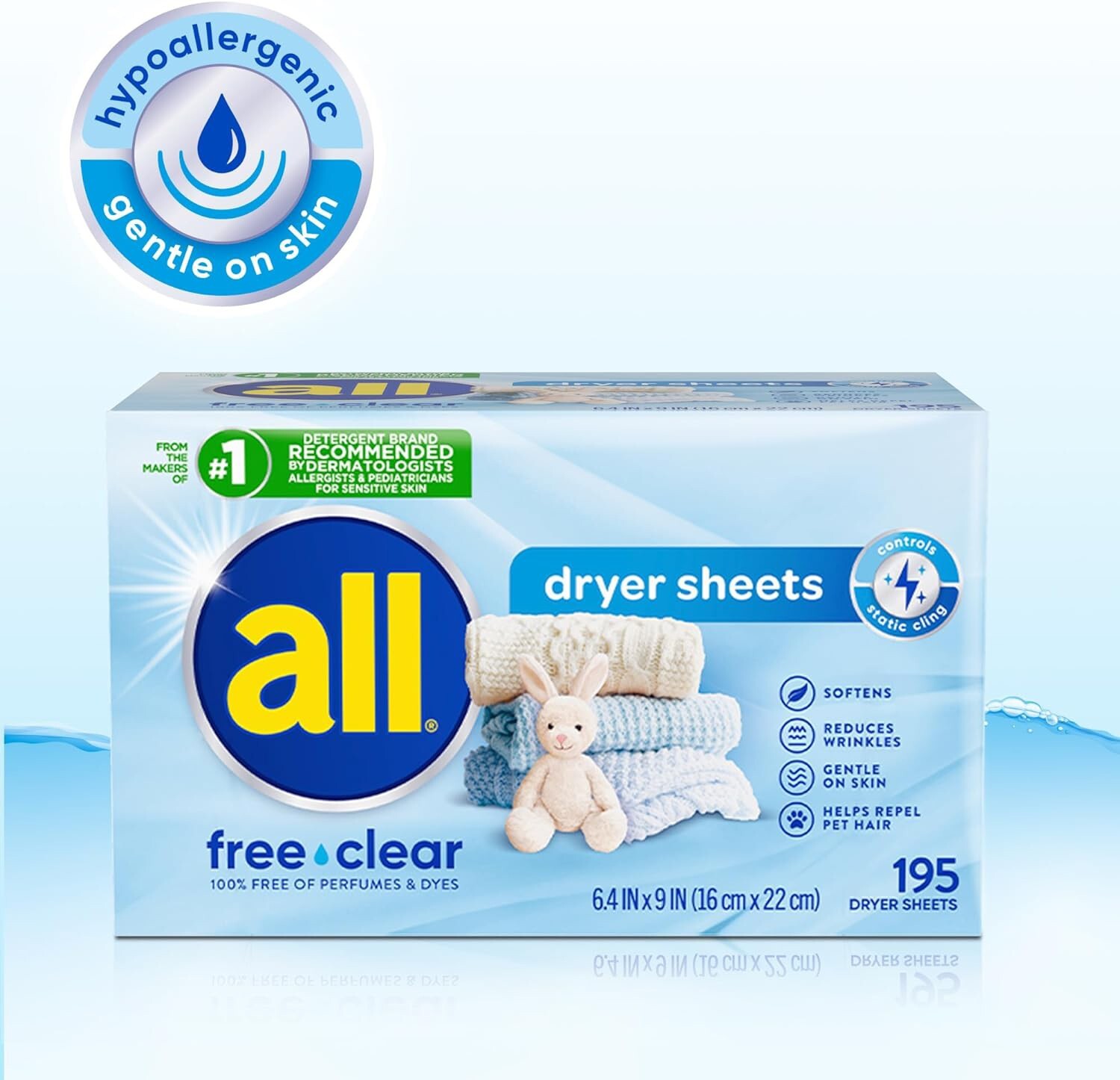 all Fabric Softener Dryer Sheets for Sensitive Skin, Free Clear, 195 Count