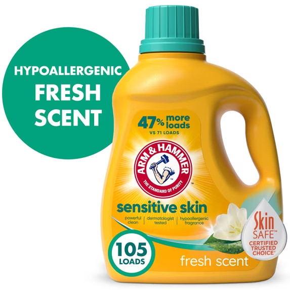 ARM & HAMMER Sensitive Skin Liquid Detergent, Fresh Scent, 105 fl oz, 105 Loads