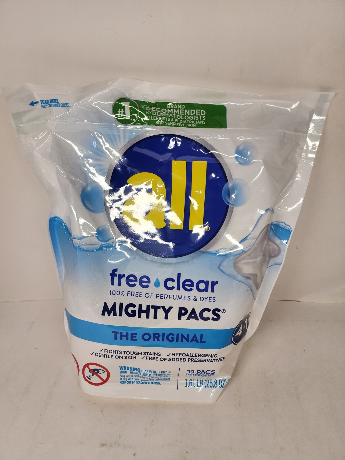 All Mighty Pacs Laundry Detergent Free Clear for Sensitive Skin, Pouch, 39 Count
